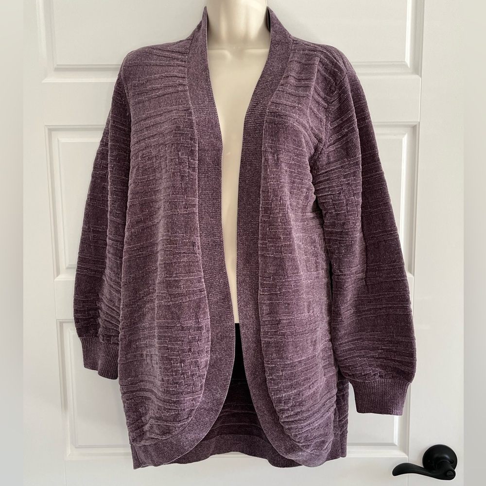 AnyBody Faded Plum Patterned Chenille Open Front Cardigan Sweater Size XS Cozy